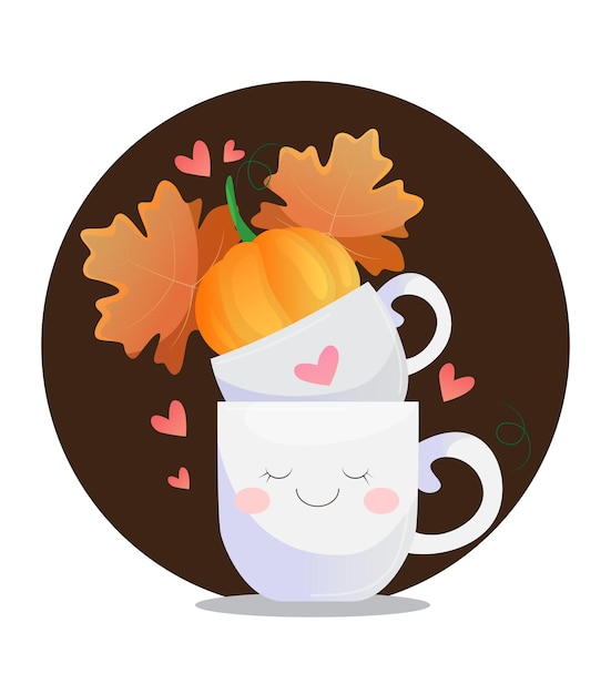 Two Coffee Cups one on the top of other cup and Pumpkin on cups vector illustration