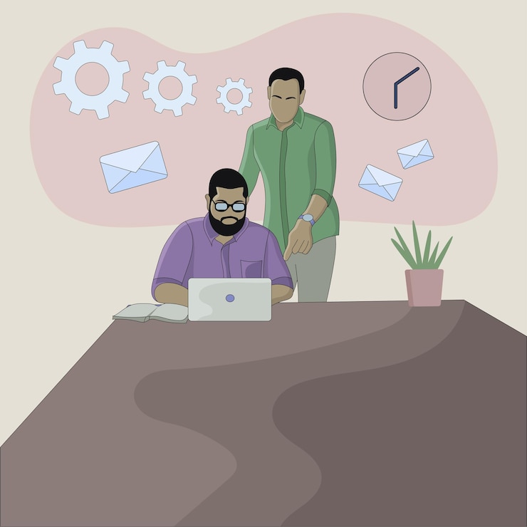 वेक्टर two colleague working on laptop at office flat design