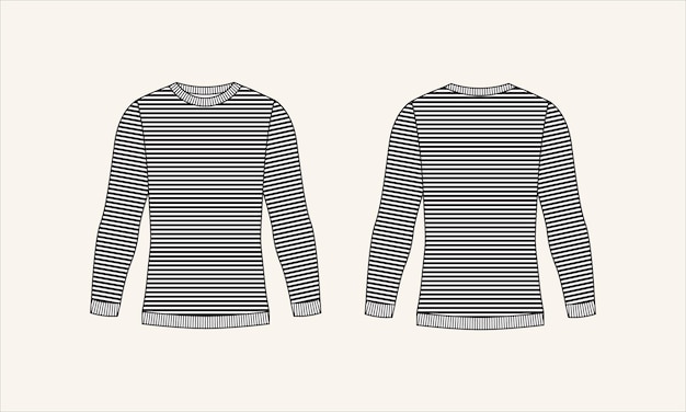 Vettore due colori stripe crew neck sketch di maglione femminile per tach pack