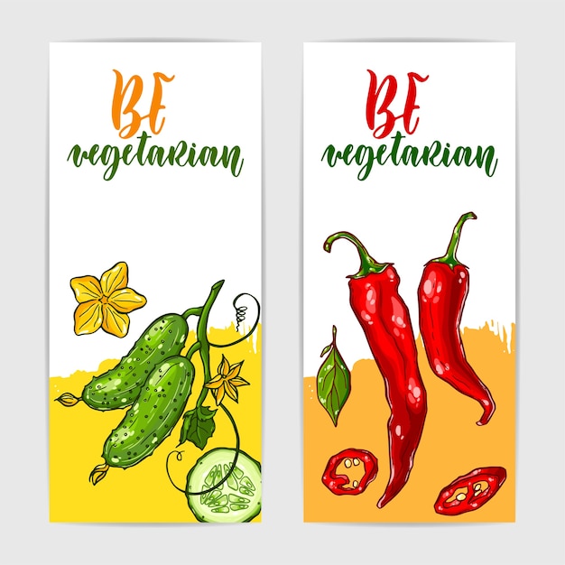 Vector two colorful banners with healthy cucumber and chili pepper