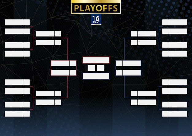 Staffa del torneo di due conferenze per 16 squadre o giocatori su sfondo scuro. programma di vettore dei playoff.