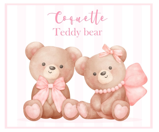 Vector two coquette teddy bear with ribbon bow trendy retro vintage watercolor illustration