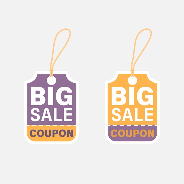 Due tag coupon etichette promozionali stile design piatto colore viola e giallo illustrazione vettoriale