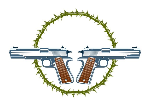 Vector two crossed handguns vector emblem or logo isolated on white vintage style coat of arms crest weapons army force or gang sign