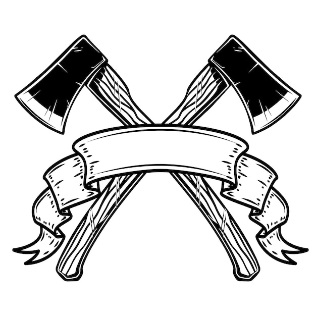 Two crossed hatchets with ribbon. Design element for logo, label, sign, poster, card, banner. Vector illustration