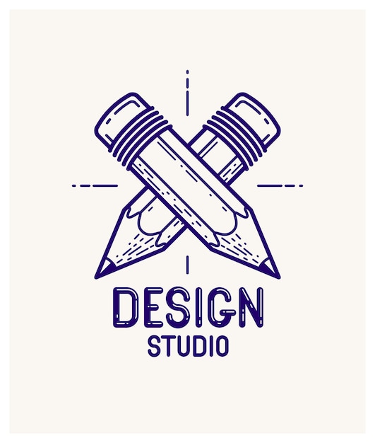 Два скрещенных карандаша вектор простой модный логотип или значок для дизайнера или студии, творческий конкурс, команда дизайнеров, линейный стиль.