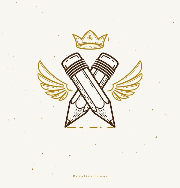 Two crossed pencils with wings and crown, vector simple trendy logo or icon for designer or studio, creative king, royal design, linear style.