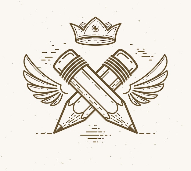 Two crossed pencils with wings and crown, vector simple trendy logo or icon for designer or studio, creative king, royal design, linear style.