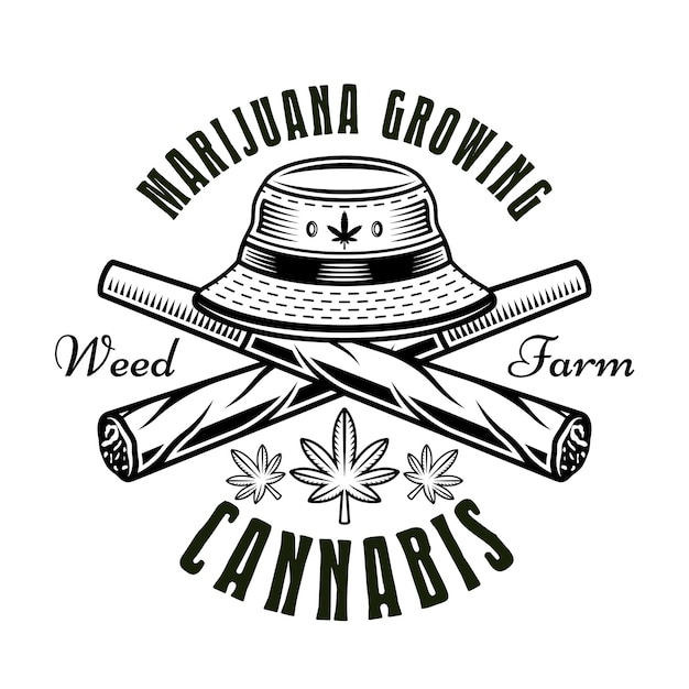 Vettore due giunture di erbacce incrociate e etichetta o logo del distintivo dell'emblema di vettore del cappello della benna per l'illustrazione dell'azienda in crescita di marijuana in stile monocromatico vintage isolato su priorità bassa bianca