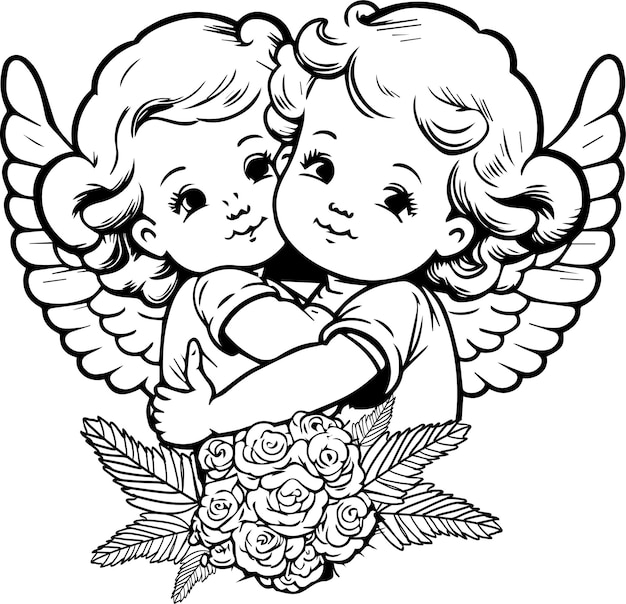 two cupids hugging with roses