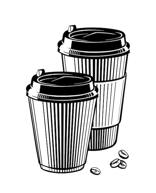 Две чашки кофе. рука рисунок гравюра на белом фоне