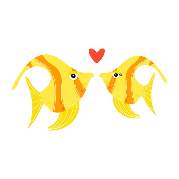 Vector two cute angelfish love each other isolated on a white background