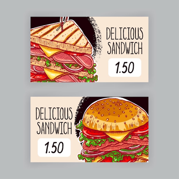 Vettore due simpatici striscioni con appetitosi panini. etichette del prezzo. illustrazione disegnata a mano