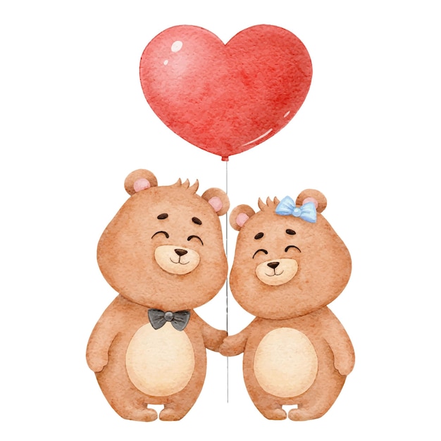 Two cute bears in love with a balloon heart, watercolor illustration for valentine's day