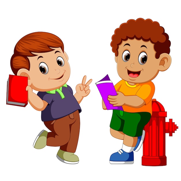 Two cute boy reading book