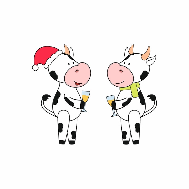 Два симпатичных быка в шапке деда мороза и с шампанским встречают новый год и веселятся. символ 2021 года по китайскому календарю. векторная наклейка для поздравительных открыток, приветствий, приложений