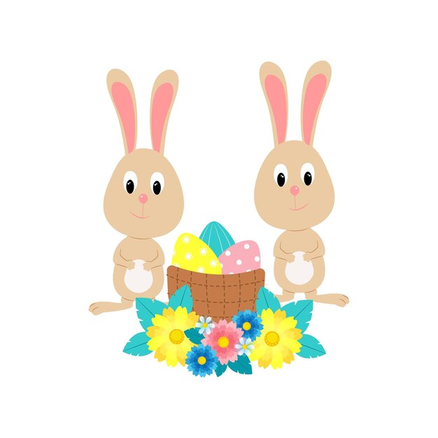 Two cute bunnies and basket with eggs decorated with flowers Easter card Vector greeting card Easter