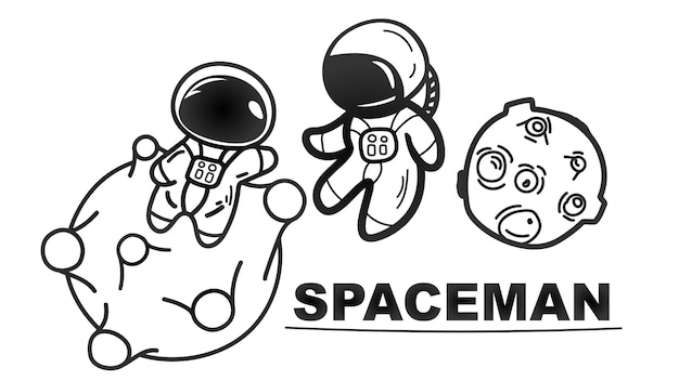 two cute cartoon astronauts on small planets. Doodle