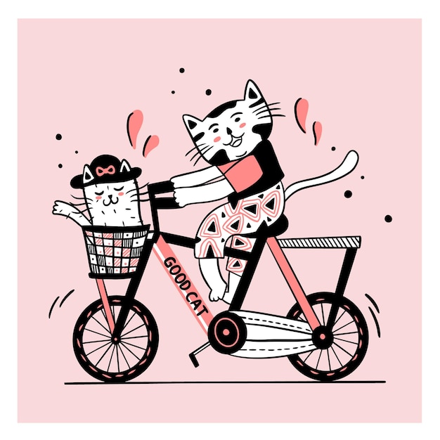 自転車のイラストに乗って 2 つのかわいい猫