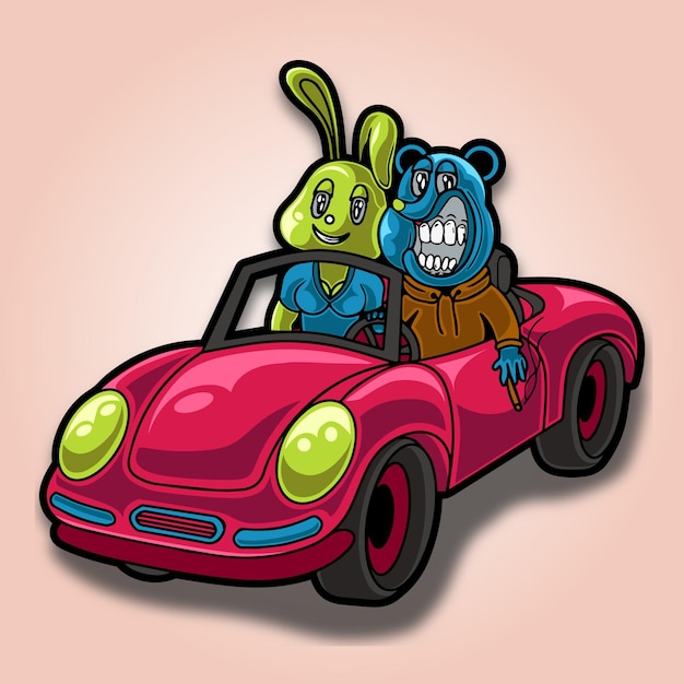 Two cute characters in car hand drawn art illustration