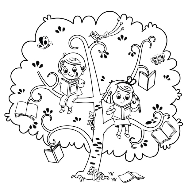 Двое симпатичных детей мальчик и девочка читают книгу на дереве книг Черное и белое
