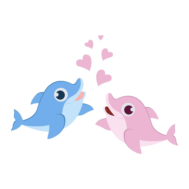 Два милых дельфина влюблены в сердца. векторная иллюстрация ко дню святого валентина.