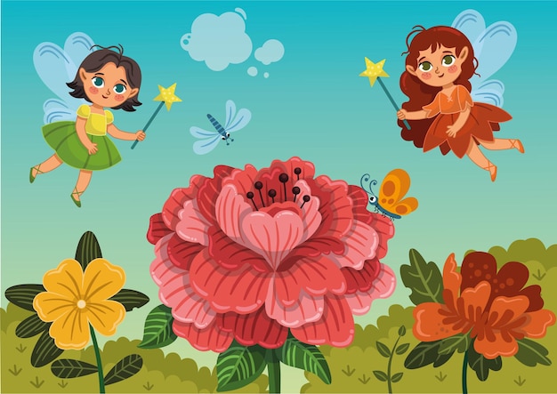 Two cute fairies flying near flowers Vector illustration