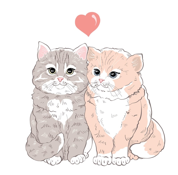 Two cats in love hug doodle icon. Cute pets vector art on white