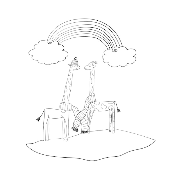 Два милых облака жирафа и радуга Иллюстрация в мультяшном стиле Книжка-раскраска