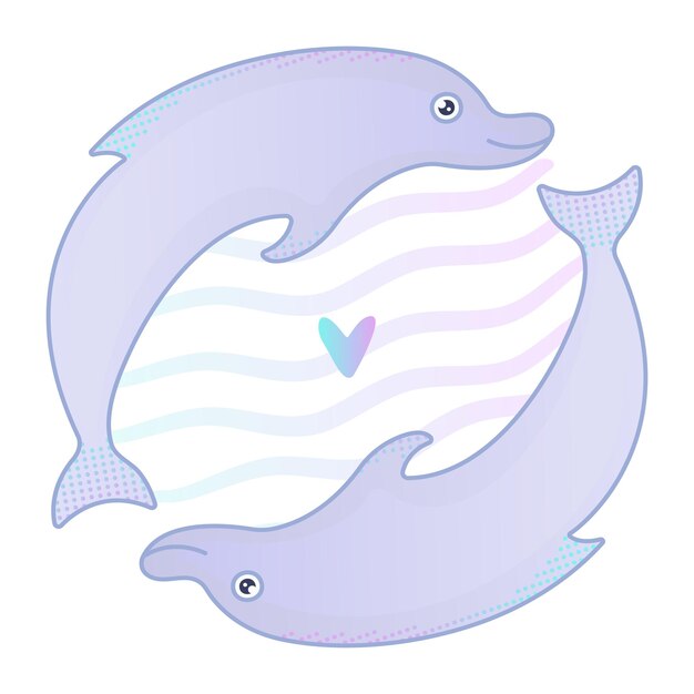 Vector two cute gradient dolphins are in love nautical illustration