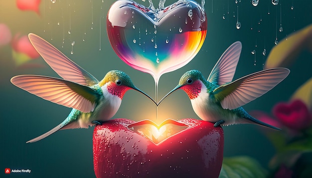 Two cute hummingbirds on a branch holding a heart