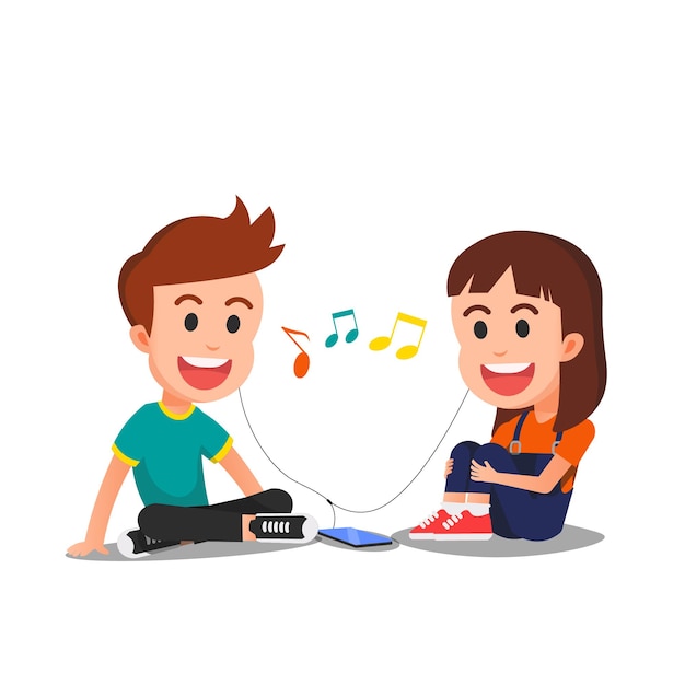 Vector two cute kids listening to music together