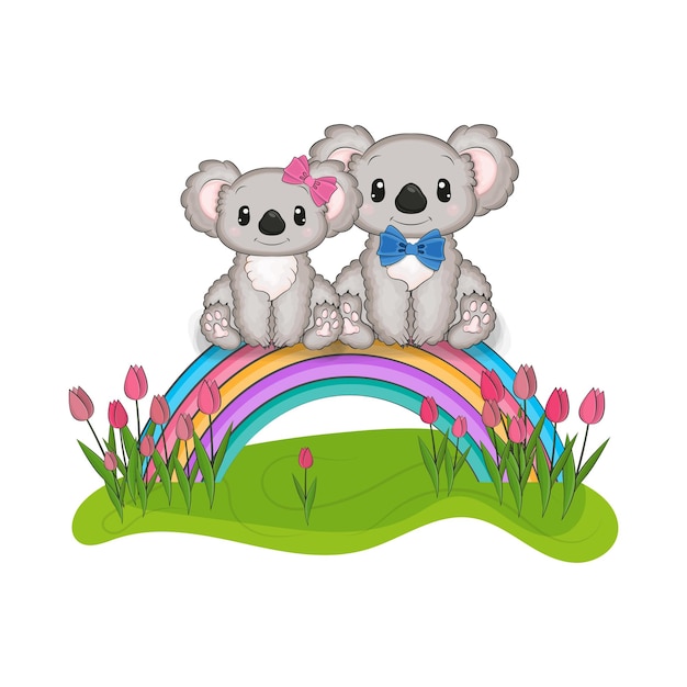 2 つのかわいいコアラが虹の上に座っています。かわいい動物のベクター イラストです。