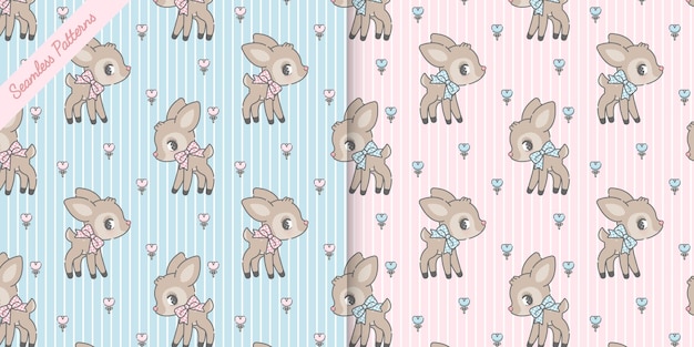 Two cute little deer and flowers seamless patterns