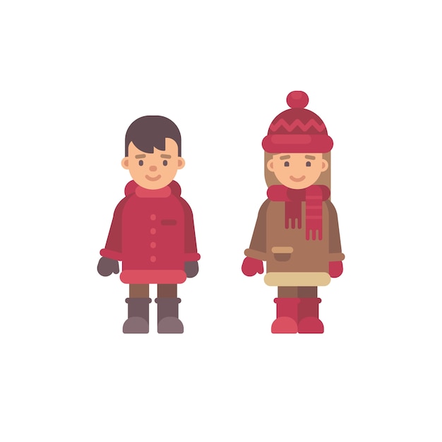 겨울 옷에 두 귀여운 작은 아이. 크리스마스 어린이 캐릭터. 발렌타인 데이 귀여운