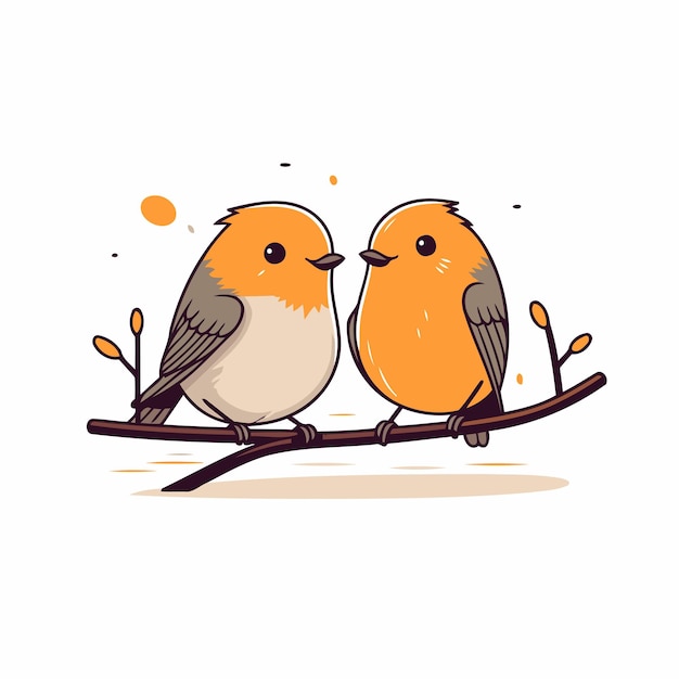 Vector two cute little robin birds sitting on a branch vector illustration