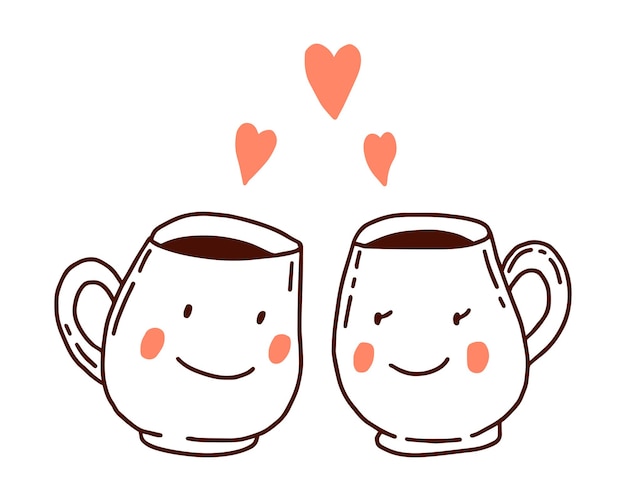 Two cute lovers cups with faces in doodle style isolated on a white background valentines day card