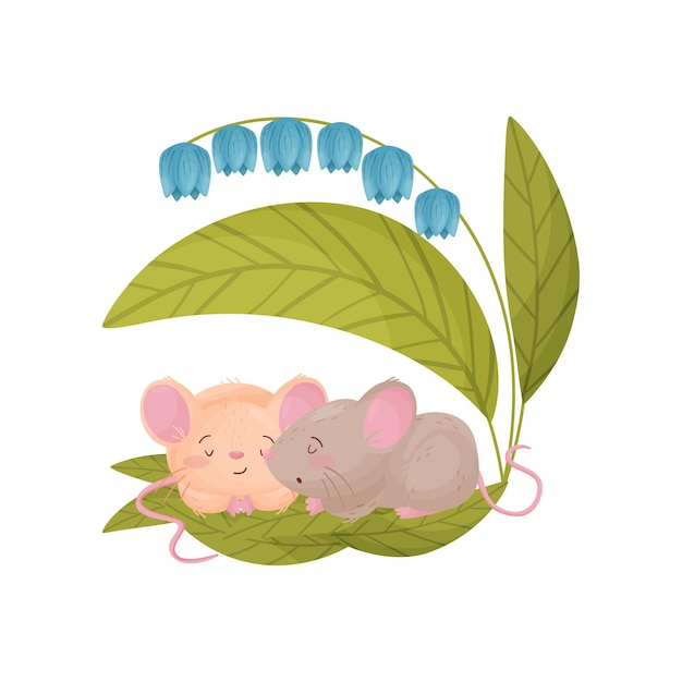 Two cute mice sleep on the leaves under the campanula Vector illustration on white background