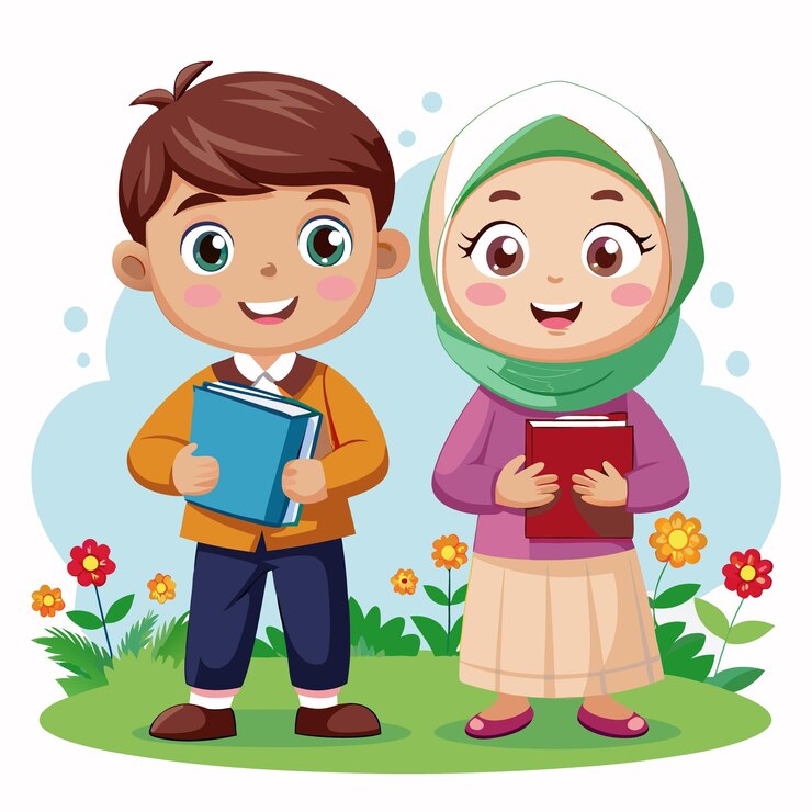 two cute muslim girls and boys cartoon