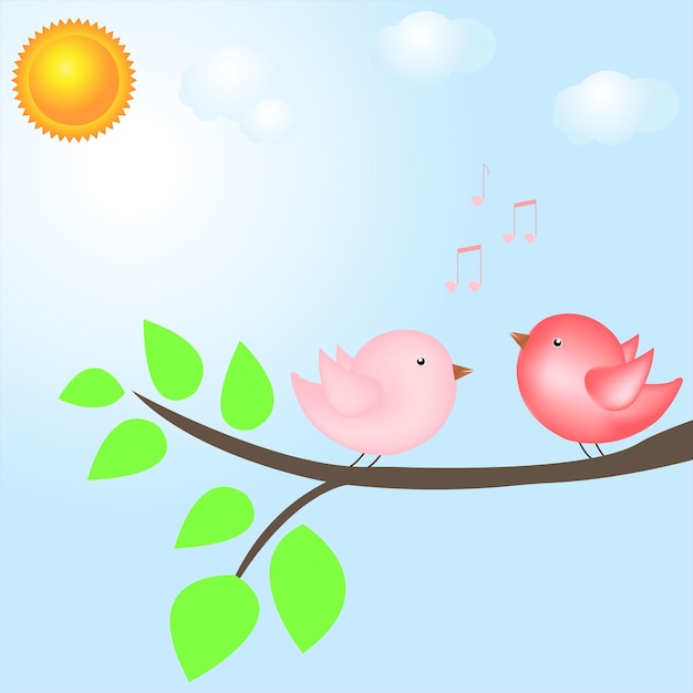 two cute pink singing birds on a branch against a blue skyvector illustration for valentine's day