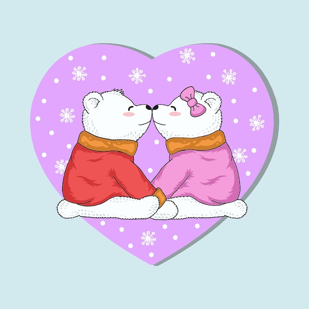 Two cute polar bears kissing in winter