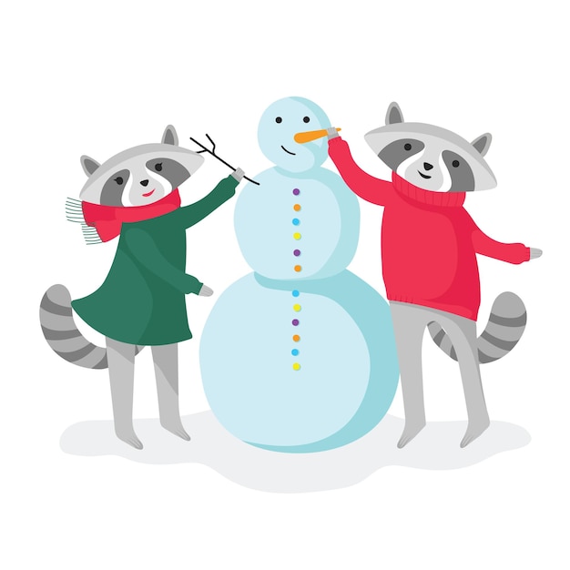 Two cute raccoons making snowman