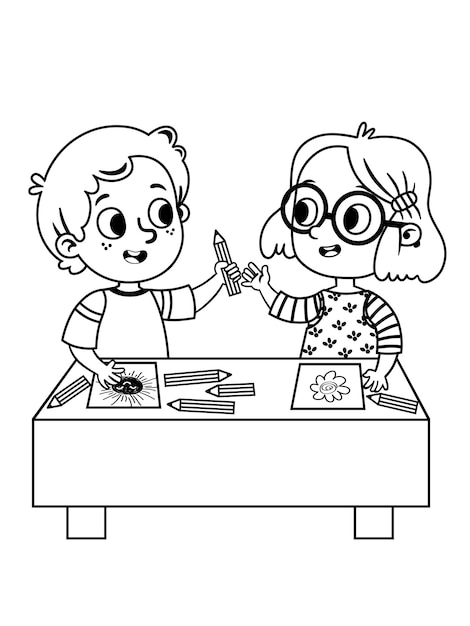 Vector two cute school children drawing pictures black and white vector illustration