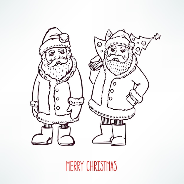 Two cute sketch friendly santa claus. hand-drawn illustration