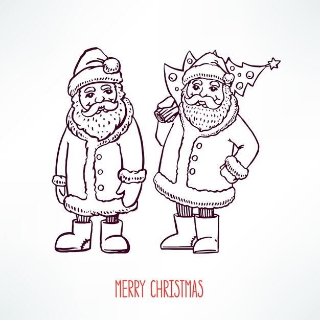 Vector two cute sketch friendly santa claus. hand-drawn illustration