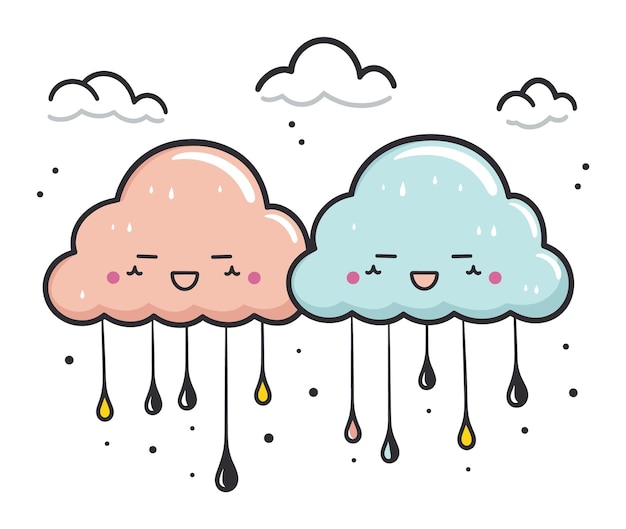 Vettore due simpatiche nuvole sorridenti con gocce di pioggia una rosa e una blu felici nuvole di cartoni animati con facce carine