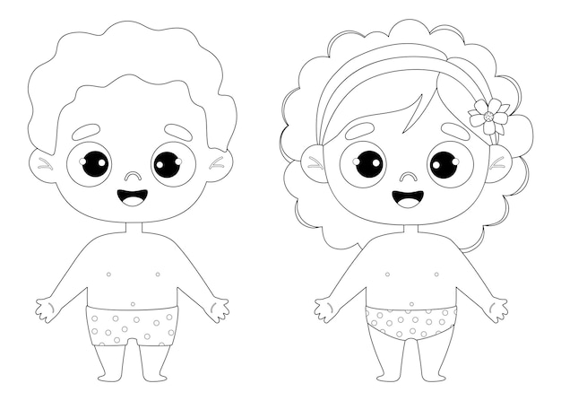 Vector two cute smiling kids in shorts outline drawing coloring book isolated funny kids