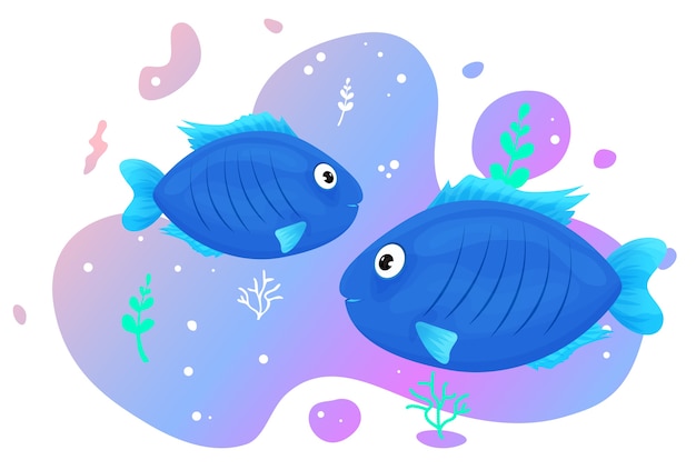 Vector two cute tropical fish in the sea. brightly-coloured ocean fish. underwater marine wild life.  illustration.