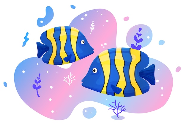 two cute tropical fish in the sea. brightly-coloured ocean fish. underwater marine wild life.  illustration.
