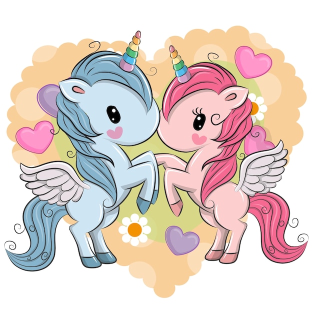 Vector two cute unicorns on a hearts background